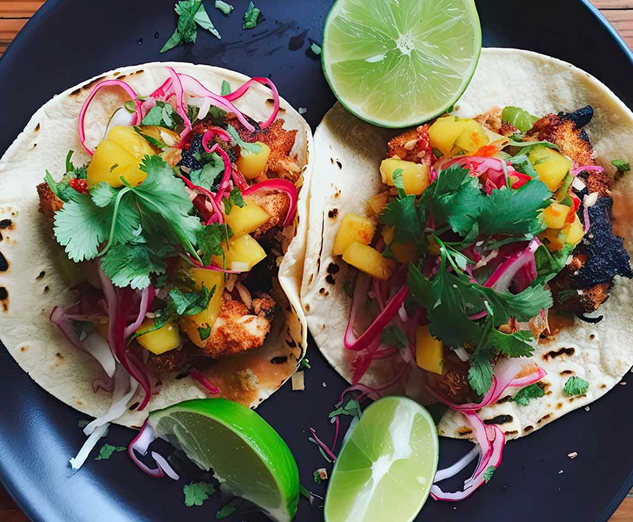 Two tacos filled with grilled meat, mango, pickled onions, and cilantro, garnished with lime wedges, on a black plate.