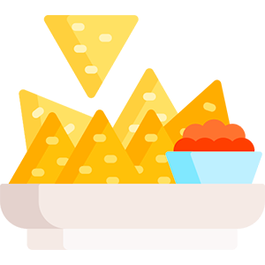 A bowl of golden nacho chips topped with cheese and served with a side of salsa in a light-colored dish.