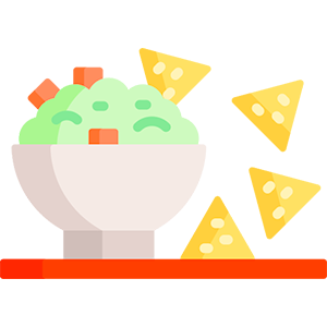 A bowl of green guacamole with smiling faces, accompanied by triangle tortilla chips. Bright and playful design.